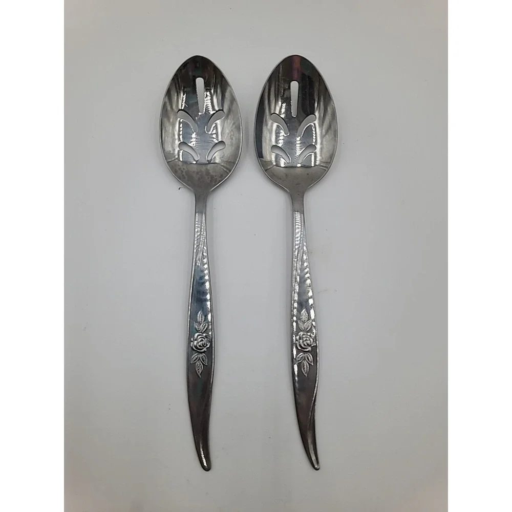 2 Hanford Forge‎ AVON ROSE Stainless Flatware Silverware Pierced Serving Spoons